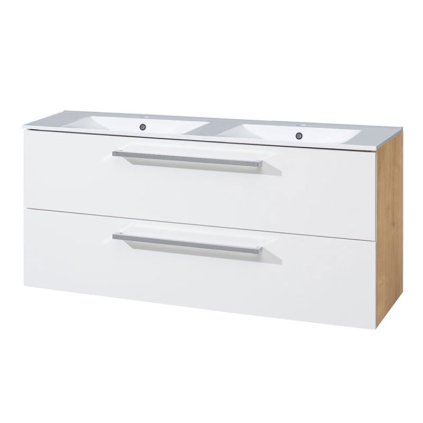 Mereo, Bino, dulap baie cu chiuveta ceramica 121 cm, alb, stejar, MER-CN673