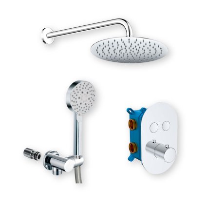 Mereo, Set de duș cu robinet termostatic cu buton ascuns - 2 căi - capac oval, MER-CB60106TB3