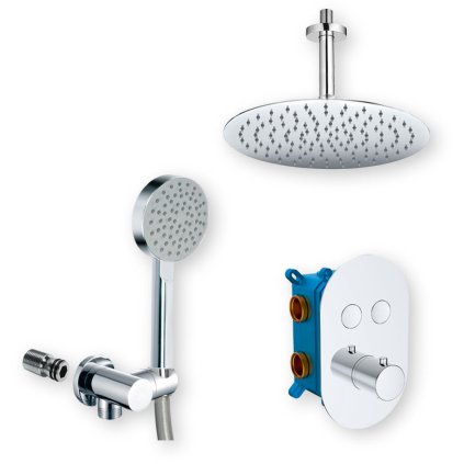 Mereo, Set de duș cu robinet termostatic cu buton ascuns - 2 căi - capac oval, MER-CB60106TB4
