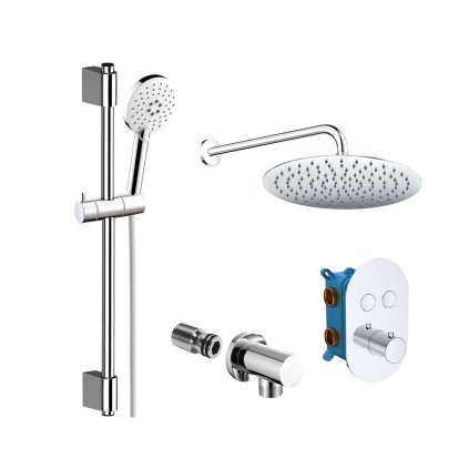 Mereo, Set de duș cu robinet ascuns cu buton termostatic - 2 - drum - capac oval, MER-CB60106TB2