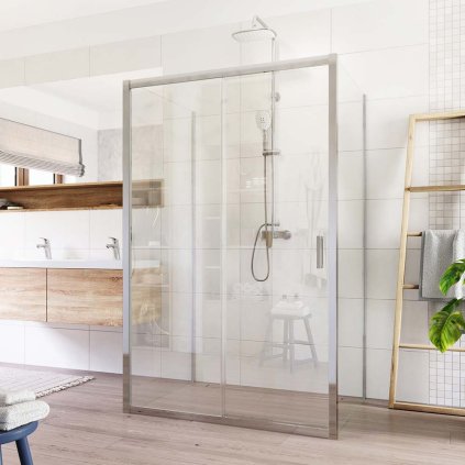 Mereo, Cabină de duș, Lima, dreptunghi, parte fixă ​​x ușă glisantă x parte fixă, crom ALU, sticlă transparentă, MER-CK85633K