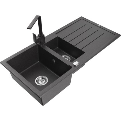 Mexen Andres, chiuveta granit 1000x500x200 mm, 1,5 camere, negru cu sifon cromat si robinet pentru chiuveta negru cu pete Rita, 6515-76-670300-76