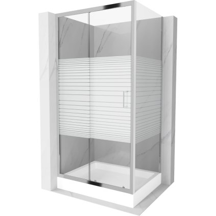 Mexen Apia, cabină de duș cu ușă glisantă 120 (uşă) x 80 (perete) cm, sticlă transparentă 6 mm cu benzi, profil cromat + cadă de duș RIO albă cu sifon cromat, 840-120-080-01-20-4510