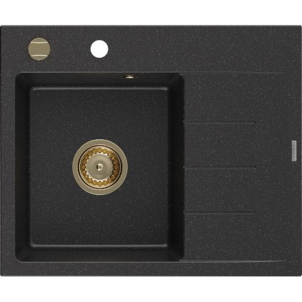 Mexen Ben, chiuvetă granit cu 1 cameră 600x500x190 mm, stânga + sifon auriu, negru-argintiu metalic, 6522605000-73-G