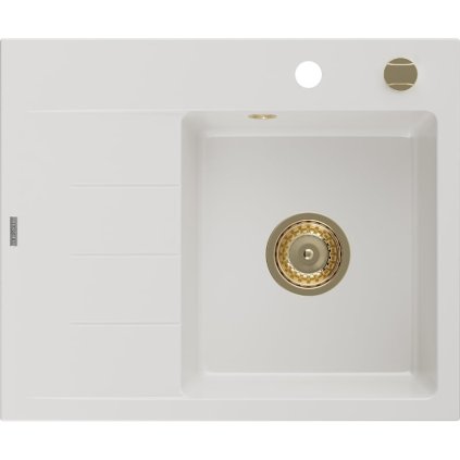 Mexen Ben, chiuvetă granit cu 1 cameră 600x500x190 mm, dreapta + sifon auriu, alb, 6523605000-20-G