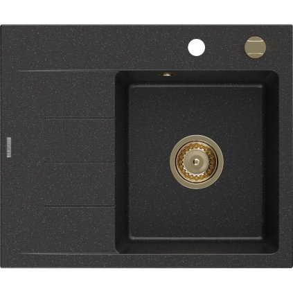 Mexen Ben, chiuveta granit cu 1 camera 600x500x190 mm, dreapta + sifon auriu, negru-argintiu metalic, 6523605000-73-G