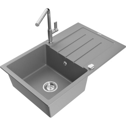 Mexen Bruno, chiuveta granit cu 1 camera 795x495x200 mm si baterie chiuveta Flora, gri, 6513-71-670401-00