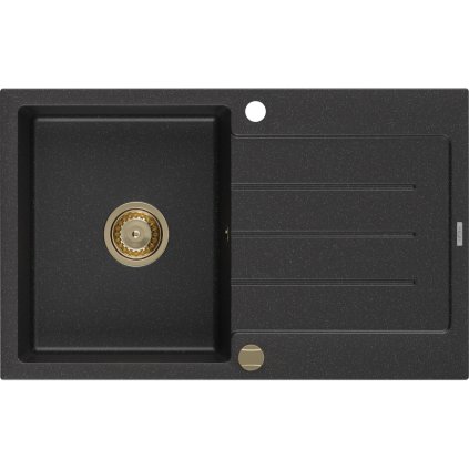 Mexen Bruno, chiuvetă din granit 795x495x200 mm, 1 cameră, negru-argintiu metalic cu sifon auriu, 6513791010-73-G