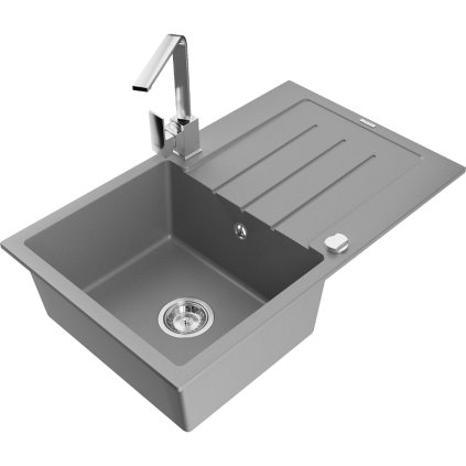 Mexen Bruno, chiuveta granit 795x495x200 mm, 1 camera, gri cu sifon cromat si robinet crom chiuveta Rita, 6513-71-670300-00