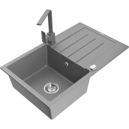 Mexen Bruno, chiuveta granit 795x495x200 mm, 1 camera, gri cu sifon cromat si baterie gri chiuveta Rita, 6513-71-670300-71