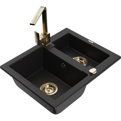 Mexen Carlos, chiuvetă din granit cu 1,5 camere cu scurgere 582x475x177 mm și baterie de bucătărie Rita gold, negru, 6518-77-670300-50