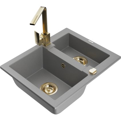 Mexen Carlos, chiuvetă granit cu 1,5 camere cu scurgere 582x475x177 mm și baterie de bucătărie Rita gold, gri, 6518-71-670300-50