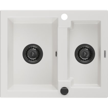 Mexen Carlos, chiuvetă din granit 582x475x177 mm, 1,5 camere, alb cu sifon negru, 6518581500-20-B