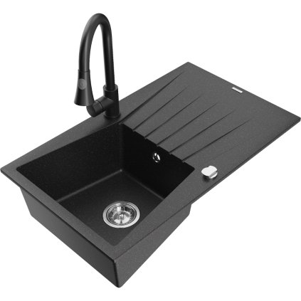 Mexen Cesar, chiuveta granit 1 camera 775x470x190 mm si baterie chiuveta Elia, negru-argintiu metalic, 6514-73-670101-70