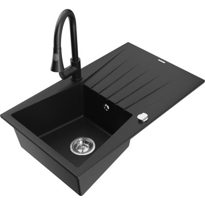 Mexen Cesar, chiuveta granit cu 1 camera 775x470x190 mm si baterie chiuveta Elia, negru, 6514-77-670101-70