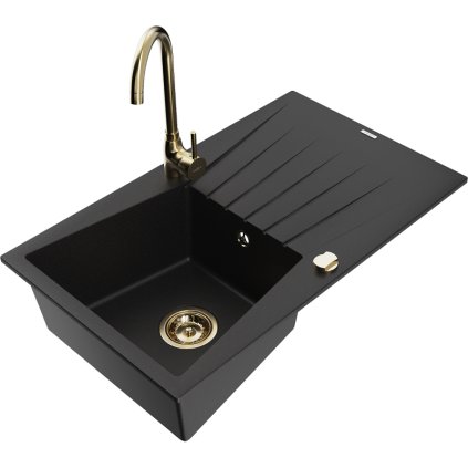 Mexen Cesar, chiuveta granit 1 camera cu scurgere 78x47 cm si robinet de bucatarie Telma, negru, 6514-77-670200-50