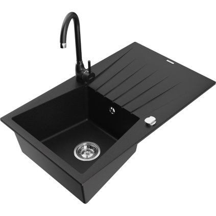 Mexen Cesar, chiuveta granit 1 camera cu scurgere 78x47 cm si robinet de bucatarie Telma, negru, 6514-77-670200-70
