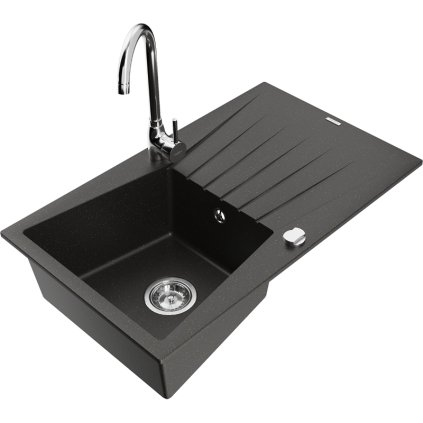 Mexen Cesar, chiuveta granit 775x470x190 mm, 1 camera, negru-auriu metalic cu sifon cromat si robinet crom Telma pentru chiuveta, 6514-75-670200-00