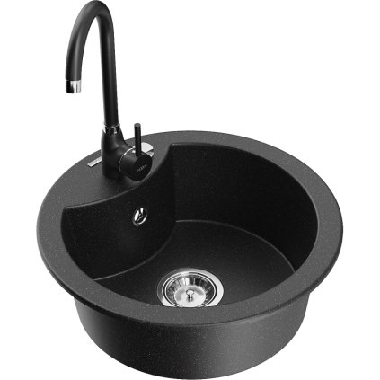 Mexen Diego, chiuveta granit cu 1 camera 49x49 cm si robinet de bucatarie Telma, negru-argintiu, 6512-73-670200-70