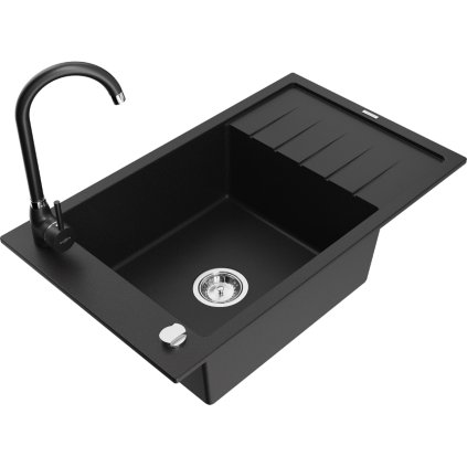 Mexen Elias, chiuveta granit 1 camera cu scurgere 80x48 cm si baterie de bucatarie Telma, negru, 6511-77-670200-70