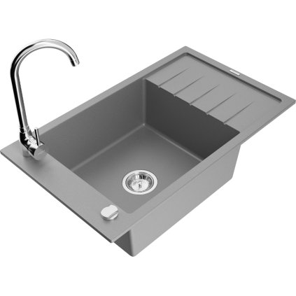 Mexen Elias, chiuveta granit 1 camera cu scurgere 80x48 cm si baterie de bucatarie Telma, gri, 6511-71-670200-00