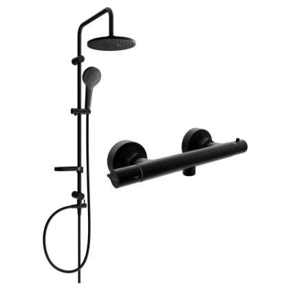 Mexen Erik, set de duș cu duș cu efect de ploaie și baterie termostatică Slim, negru mat, 77105205-70