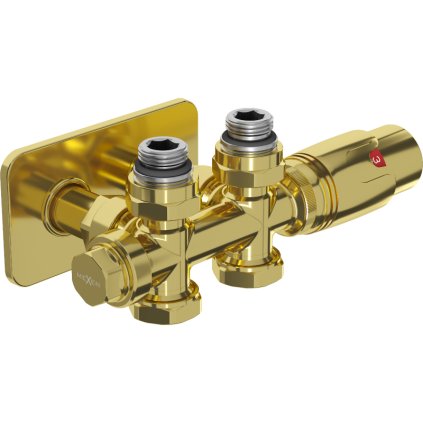 Mexen G00, Set termostatic duplex cu capac pătrat, conexiune unghiulară/dreaptă DN50, auriu lucios, W908-900-910-50