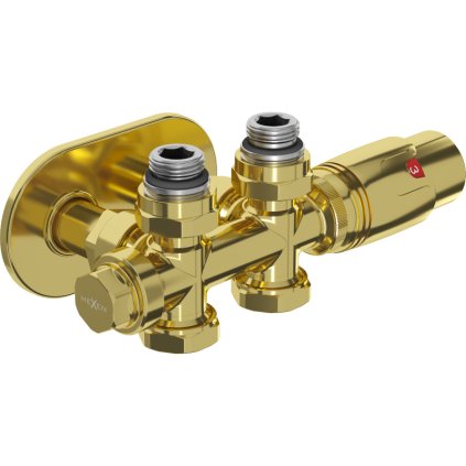 Mexen G00, Set termostatic duplex cu capac rotund, conexiune DN50 unghiulară/dreaptă, auriu lucios, W908-900-905-50