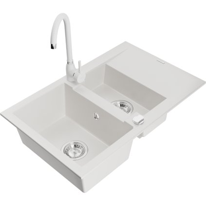 Mexen Gaspar, chiuveta granit 1,5 camere cu scurgere 74x48 cm si baterie bucatarie Telma, alb, 6507-20-670200-20