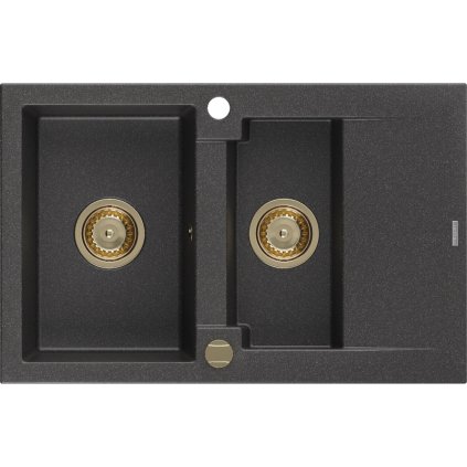Mexen Gaspar, chiuveta granit 737x475x177 mm, 1,5 camere, pete negre cu sifon auriu, 6507731505-76-G