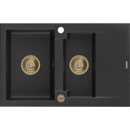 Mexen Gaspar, chiuveta granit 737x475x177 mm, 1,5 camere, negru-argintiu metalic cu sifon auriu, 6507731505-73-G