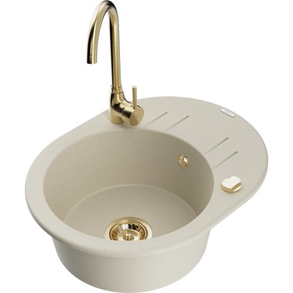 Mexen Kevin, chiuveta granit 586x458x190 mm, robinet Telma cu 1 camera si auriu, bej, 6517-69-670200-50
