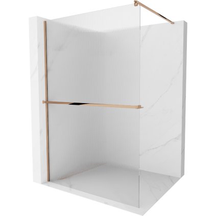 Mexen Kioto, paravan de dus cu raft si suport pentru prosoape 110 x 200 cm, sticla 8 mm cu model nervurat, profil auriu roz, 800-110-121-60-09