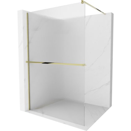 Mexen Kioto, paravan de dus cu raft si suport pentru prosoape 110 x 200 cm, sticla 8 mm cu model nervurat, profil auriu, 800-110-121-50-09