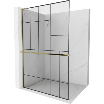 Mexen Kioto+ L, paravan de dus walk-in cu polita si cuier 110 x 200 cm, sticla transparenta 8 mm model negru, profil auriu lucios, 800-110-123-50-78