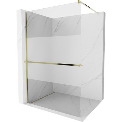 Mexen Kioto+, paravan de duș cu poliță și suport pentru prosoape 110 x 200 cm, model sticlă transparentă de 8 mm, profil auriu, 800-110-121-50-35