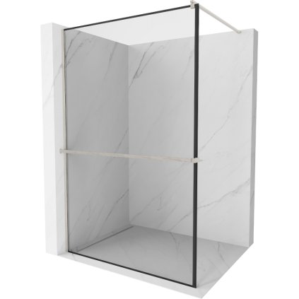 Mexen Kioto+, Paravan de duș cu poliță și cuier 110 x 200 cm, sticlă transparentă de 8 mm model negru, profil din oțel periat, 800-110-121-97-70