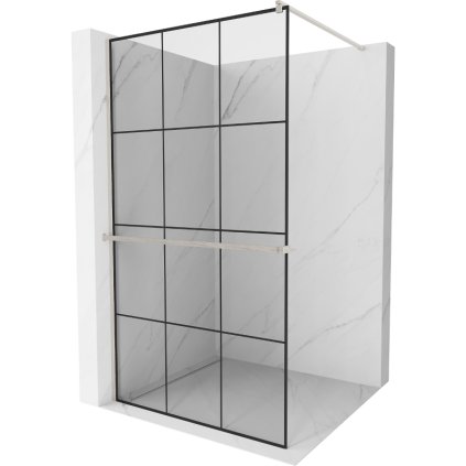 Mexen Kioto+, Paravan de duș cu poliță și cuier 110 x 200 cm, sticlă transparentă de 8 mm model negru, profil din oțel periat, 800-110-121-97-77