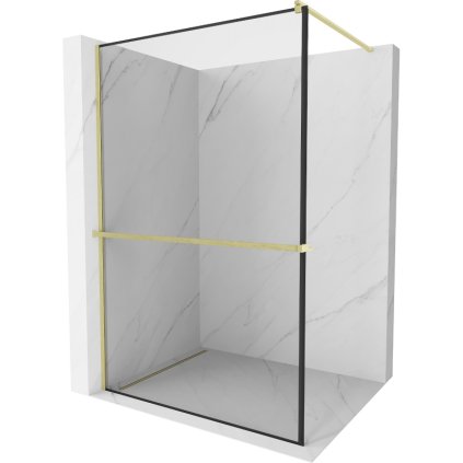 Mexen Kioto+, paravan de dus walk-in cu polita si cuier 90 x 200 cm, model sticla transparenta de 8 mm neagra, profil auriu mat, 800-090-121-55-70