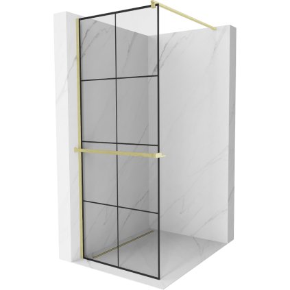 Mexen Kioto+, paravan de dus walk-in cu polita si cuier 90 x 200 cm, 8 mm sticla transparenta model negru, profil auriu mat, 800-090-121-55-77