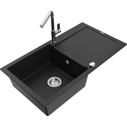 Mexen Leo, chiuveta granit cu 1 camera 900x500x190 mm si baterie pentru chiuveta Flora, negru, 6501-77-670401-00