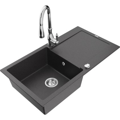 Mexen Leo, chiuveta granit cu 1 camera 900x500x190 mm si baterie chiuveta Savita, negru patat, 6501-76-672601-00