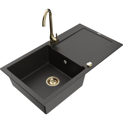 Mexen Leo, chiuveta granit 1 camera cu scurgere 90x50 cm si baterie de bucatarie Telma, negru-auriu metalic, 6501-75-670200-50