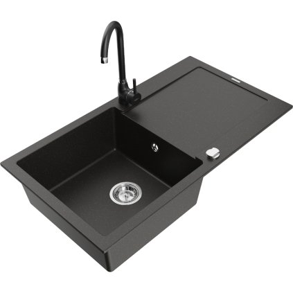 Mexen Leo, chiuveta granit 1 camera cu scurgere 90x50 cm si baterie de bucatarie Telma, negru-auriu metalic, 6501-75-670200-70
