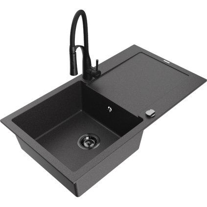 Mexen Leo, chiuveta granit 900x500x190 mm, robinet chiuveta cu 1 camera si Aster, pete negre, 6501-76-73450-70-B