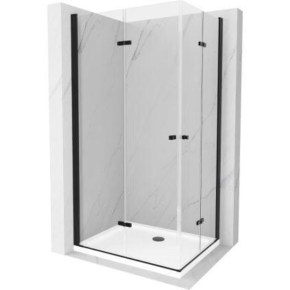 Mexen Lima Duo, cabină de duș cu ușă rabatabilă cu 2 canape 90 (uşă) x 80 (uşă) cm, sticlă transparentă 6 mm, profil negru + cadă de duș subțire 5 cm albă cu sifon negru, 856-090-080-70-02-4010B