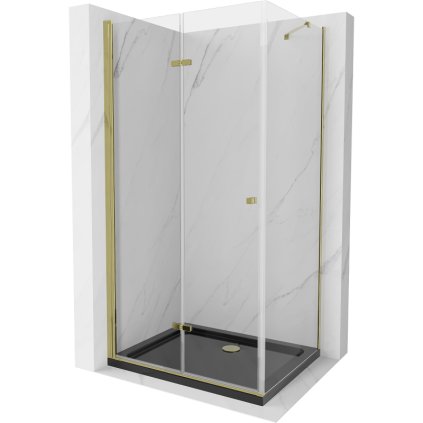 Mexen Lima, cabină de duș cu ușă rabatabilă 90 (uşă) x 100 (perete) cm, sticlă transparentă 6 mm, profil crom + cadă de duș subțire neagră + sifon auriu, 856-090-100-50-00-4070G