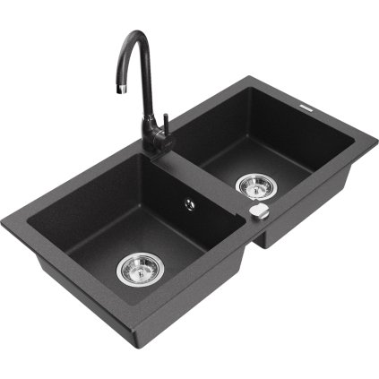 Mexen Mario, chiuveta granit 2 camere 82x44 cm cu robinet de bucatarie Telma, negru patat, 6504-76-670200-76