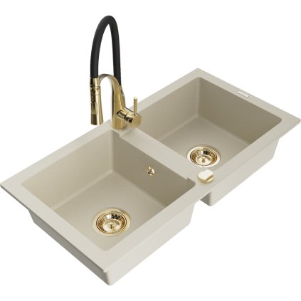 Mexen Mario, chiuveta granit 820x436x161 mm, baterie chiuveta cu 2 camere si Aster, bej, 6504-69-73450-57-G