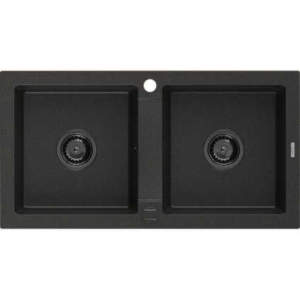 Mexen Mario, chiuvetă din granit 820x436x161 mm, 2 camere, negru-auriu metalic cu sifon negru, 6504822000-75-B